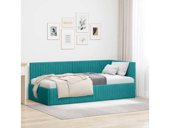 Eckbettgestell mit Kopfteil Türkis 90x200 cm Samt L-Form Design, Stoffbezug, Lattenrost, Platzsparend, als Sofa oder Tagesbett nutzbar