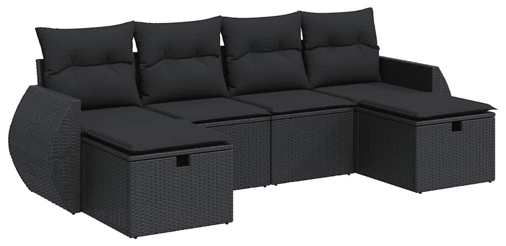 Loungeset, 6-teilig, Schwarz, aus Poly-Rattan - 6 Sitzplätze - Mit Kissen - Modulares Gartenmöbel-Set