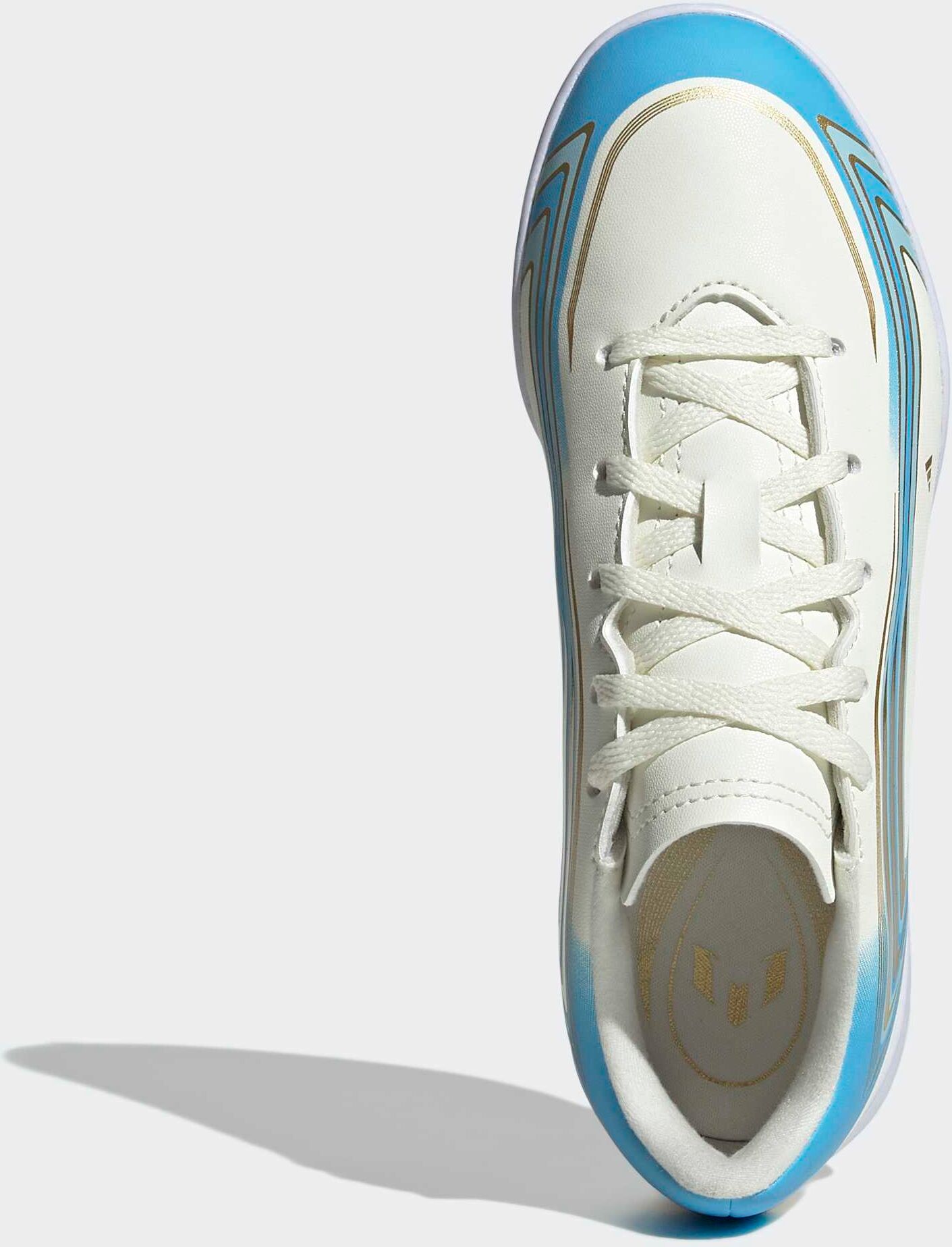 Fussballschuh ADIDAS PERFORMANCE "F50 MESSI CLUB KIDS, HALLENBÖDEN", Jungen, Gr. 37, weiss (ivory, semi blau burst, icey blau), Synthetik, Schuhe Fussballschuh, für Hallenboden ivory, semi blau burst, icey blau 37