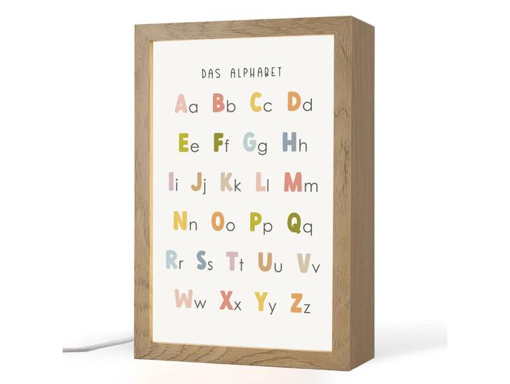 OnlyWow Nachttischlampe - Pädagogisch - Alphabet lernen - Farbenfroh - Weiß - Buchstaben - 20x30 cm, Holzwerkstoff, Rechteckig, LED integriert, 20x30x8 cm, Lampen & Leuchten, Innenbeleuchtung, Nachtlicht