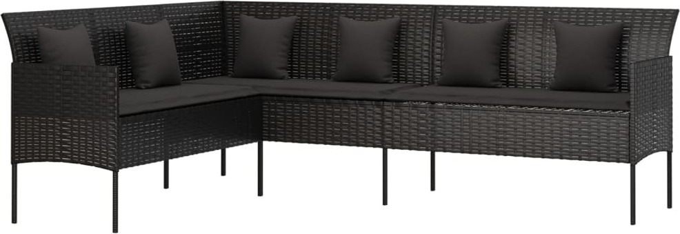 Gartensofa in L-Form mit Kissen Schwarz Poly Rattan