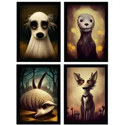 POSTER Set mit 4 Hunde im T Burton Goth Stil A3 Schwarzer Rahmen