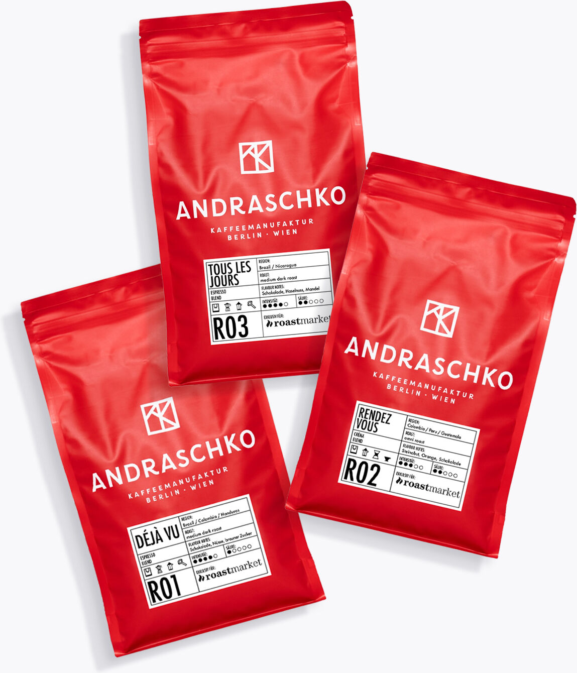Andraschko Exklusiv Proefpakket   750 g   Déjà Vu, Rendez Vous, Tous Le Jour   Hele Boon   Premium Koffie Set Voor Echte Kenners