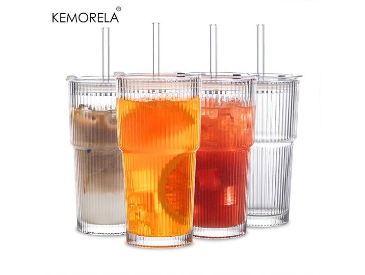 EllMORELA-Gobelets en verre de lit de 590ml avec légumes et pailles en verre, ensemble de verres, idéal pour le café glacé, les smokies, les jus et les cocktails, 4 pièces