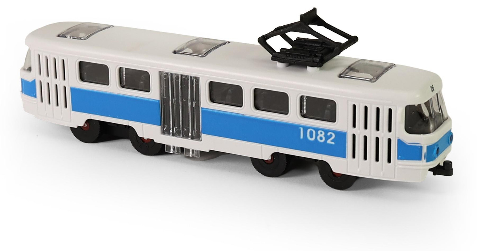 RAPPA Blauwe tram speelgoed met vliegwiel aandrijving en mechanische deuropening, 16 cm