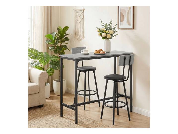 REDOM Bartisch Bar Set mit Tisch und 2 gepolsterten Stühlen Grau (Packung, 3-St., Stehmöbel Set im modernen Stil für kleine Wohnflächen), Tischgruppe mit Fußstütze für Esszimmer und Küche