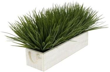 House of Silk Flowers Faux Green Farm Grass in Large Washed Wood Trough with Rope Handles