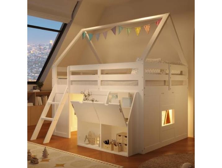 BTM Holz Halbhohes Bett 90x200 Hochbett mit Treppe, LED und Aufbewahrungsboxen Kinder Hausbett mit Rausfallschutz, Weiß