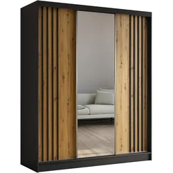 KLEIDERSCHRANK mit Spiegel-Schiebetüren und Aluminium-Leisten - NALLA - 180 cm Schwarz+Artisan+Schwarz