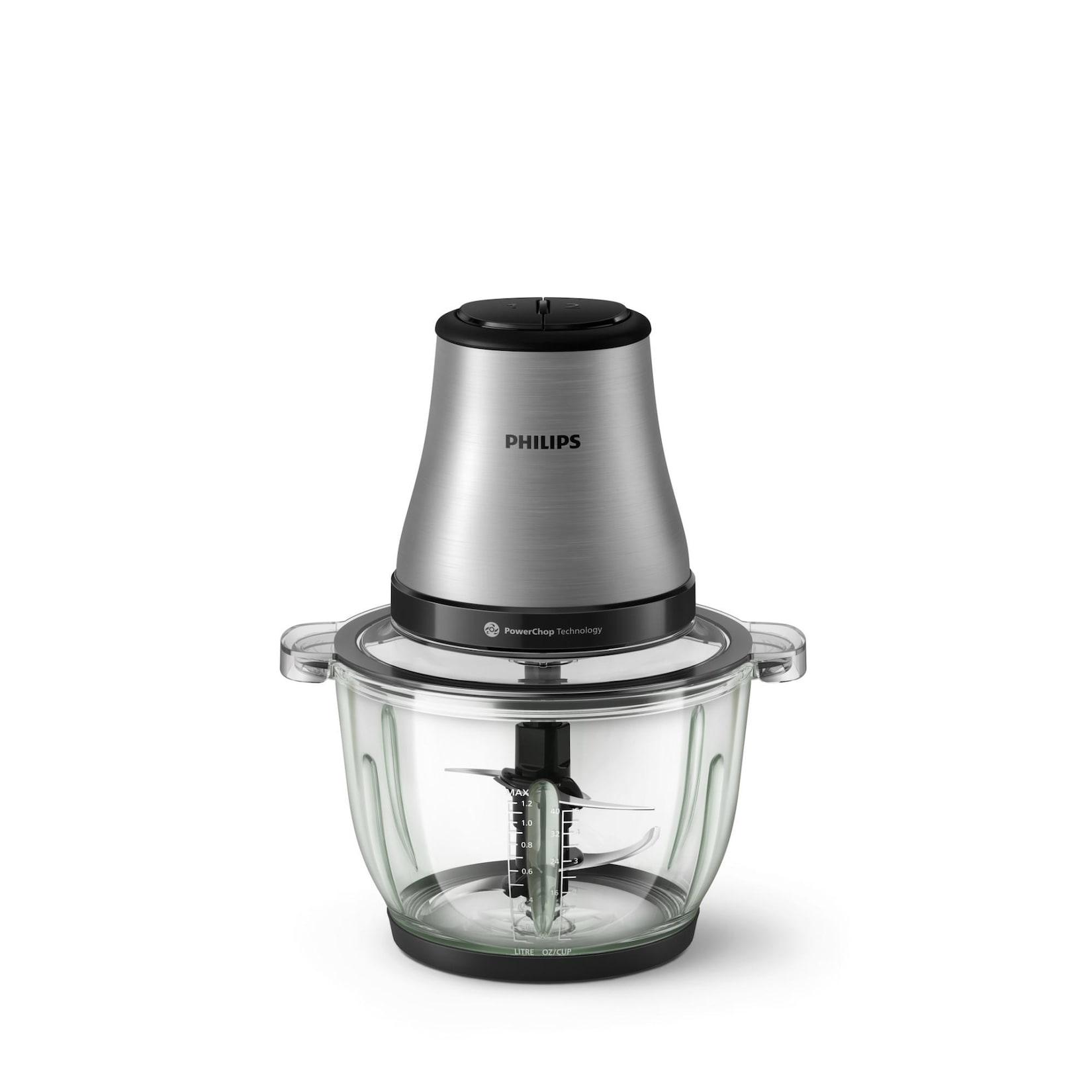 Philips HR1503/00 3000 Series Zerkleinerer (500 Watt, 2 Liter Glasschüssel, 2 Geschwindigkeiten, PowerChop Technologie, 4 Edelstahlklingen, Anti-Rutsch-Füße, spülmaschinenfest, Edelstahl)