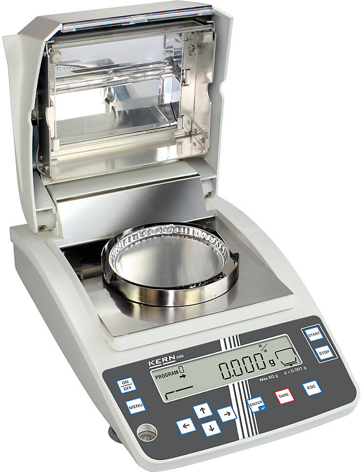 Feuchtebestimmer, mit Halogen-Quarzstrahler 400 W, Wägegewicht max. 60 g KERN