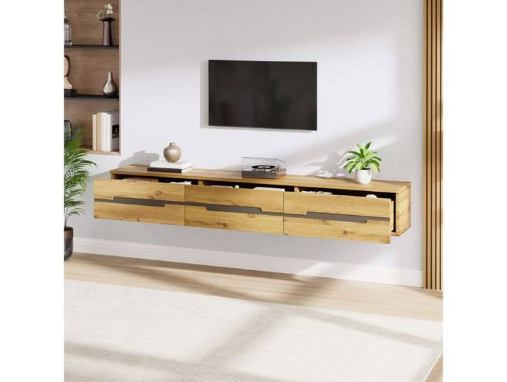 COVREO Meuble TV mural suspendu 160 cm 3 tiroirs MDF et panneaux de particules aspect bois naturel