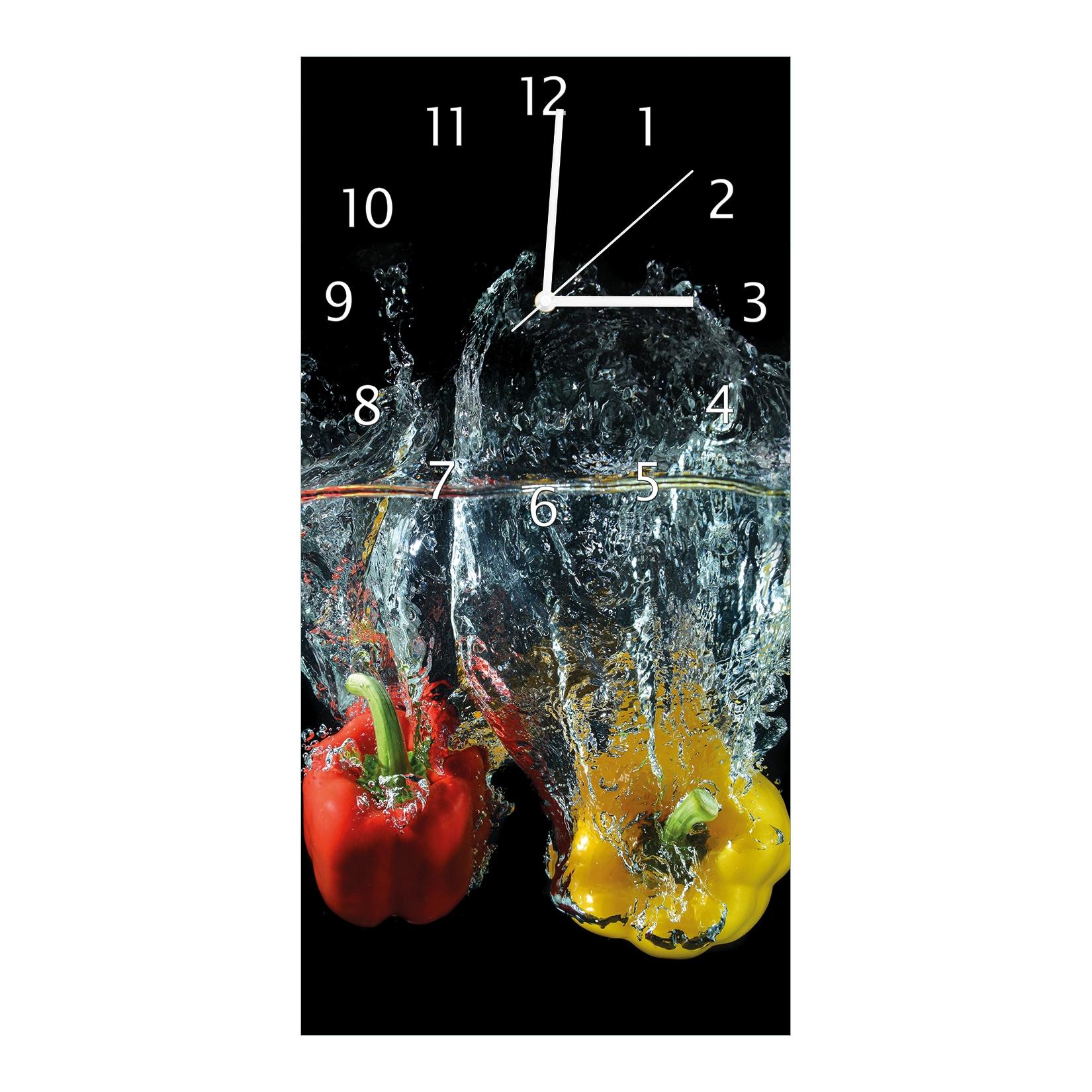 Wallario Uhr 30 x 60 cm, weiße Zeiger Paprika-Mix - frische Paprika in rot, gelb und grün im Wasser