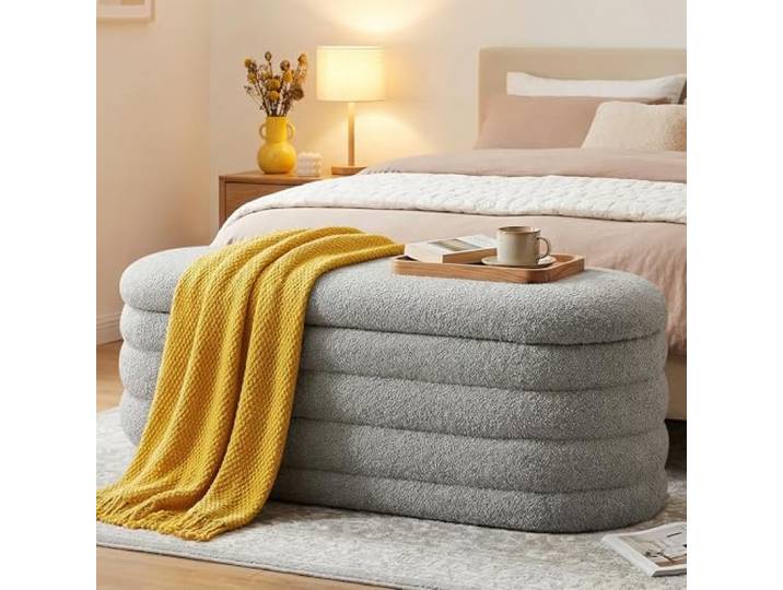 Ckaff Sitzbank mit Stauraum 115cm, Sitzbank mit Beinen, Oval, Aufbewahrungsbox, bis 300 kg belastbar, Gepolstert, mit Stauraum, Schlafzimmer, Flur, Polsterhocker, Sherpa, Grau
