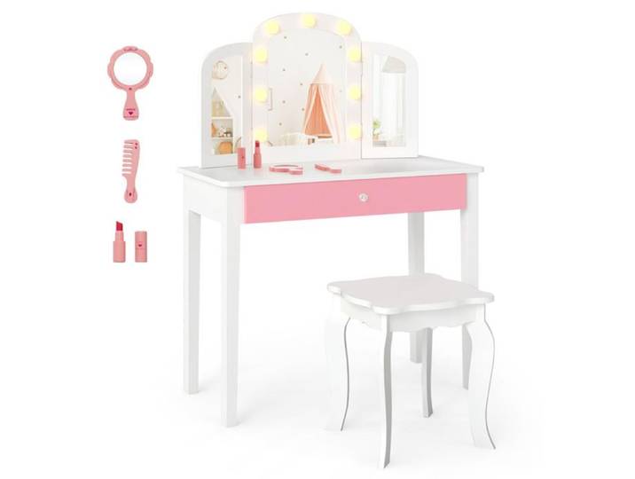 Coiffeuse enfant - HELLOSHOP26 - 2-en-1 - Miroir tri-pliable LED 3 couleurs - Bureau convertible - Tabouret