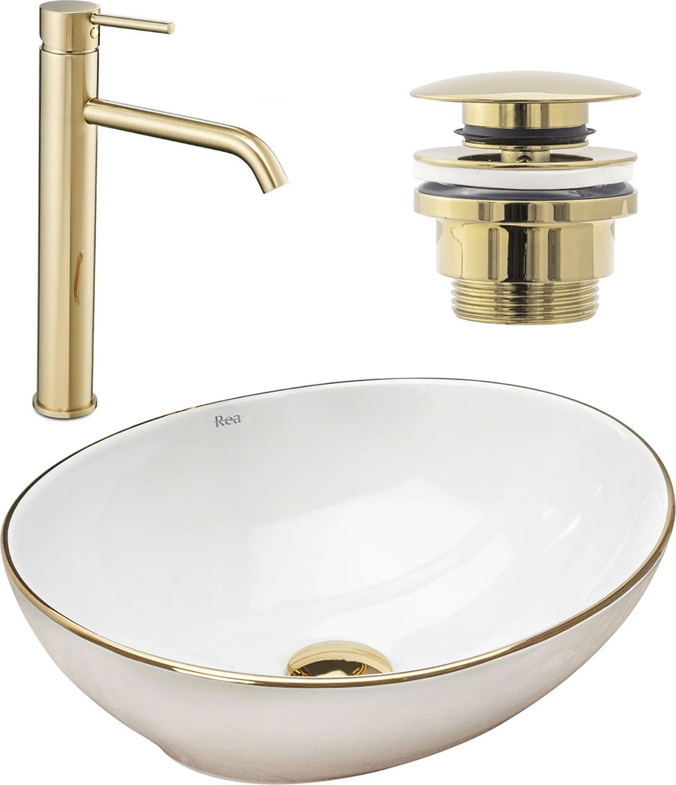 Rea Wastafel Sofia Gold Edge met Kraan Lungo Gold High en Universele Plug Gold