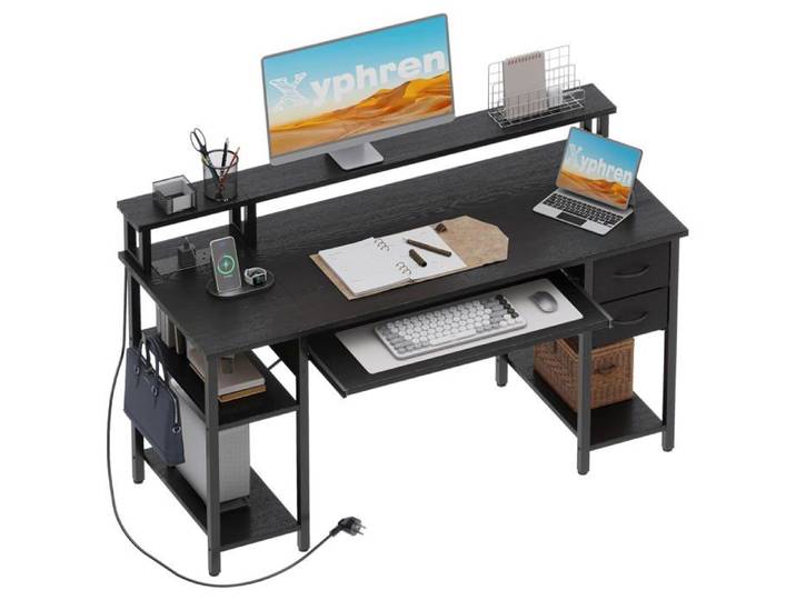 Bureau Gaming avec Tablette pour Clavier Petit Bureau d'ordinateur avec Prise électrique 2 tiroirs et étagères - Modele 2