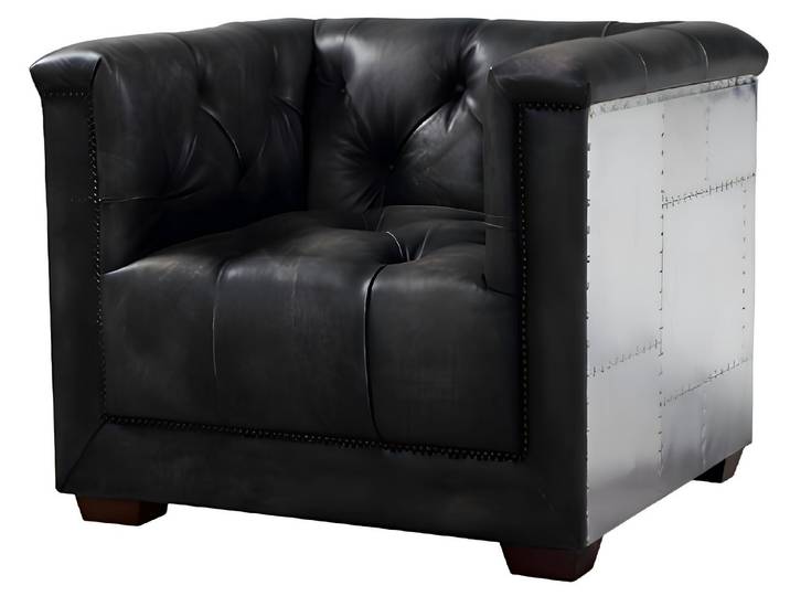Xlmoebel Chesterfield-Sessel Schwarzer Echtleder-Sessel im Flugzeugdesign mit Armlehnen (Sessel), Hergestellt in Europa