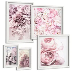 BILDER SET 5er Set - 50x50 cm & 20x30 cm & 40x60 cm Weißer Rahmen - Rosa Blumen, romantische Landschaft