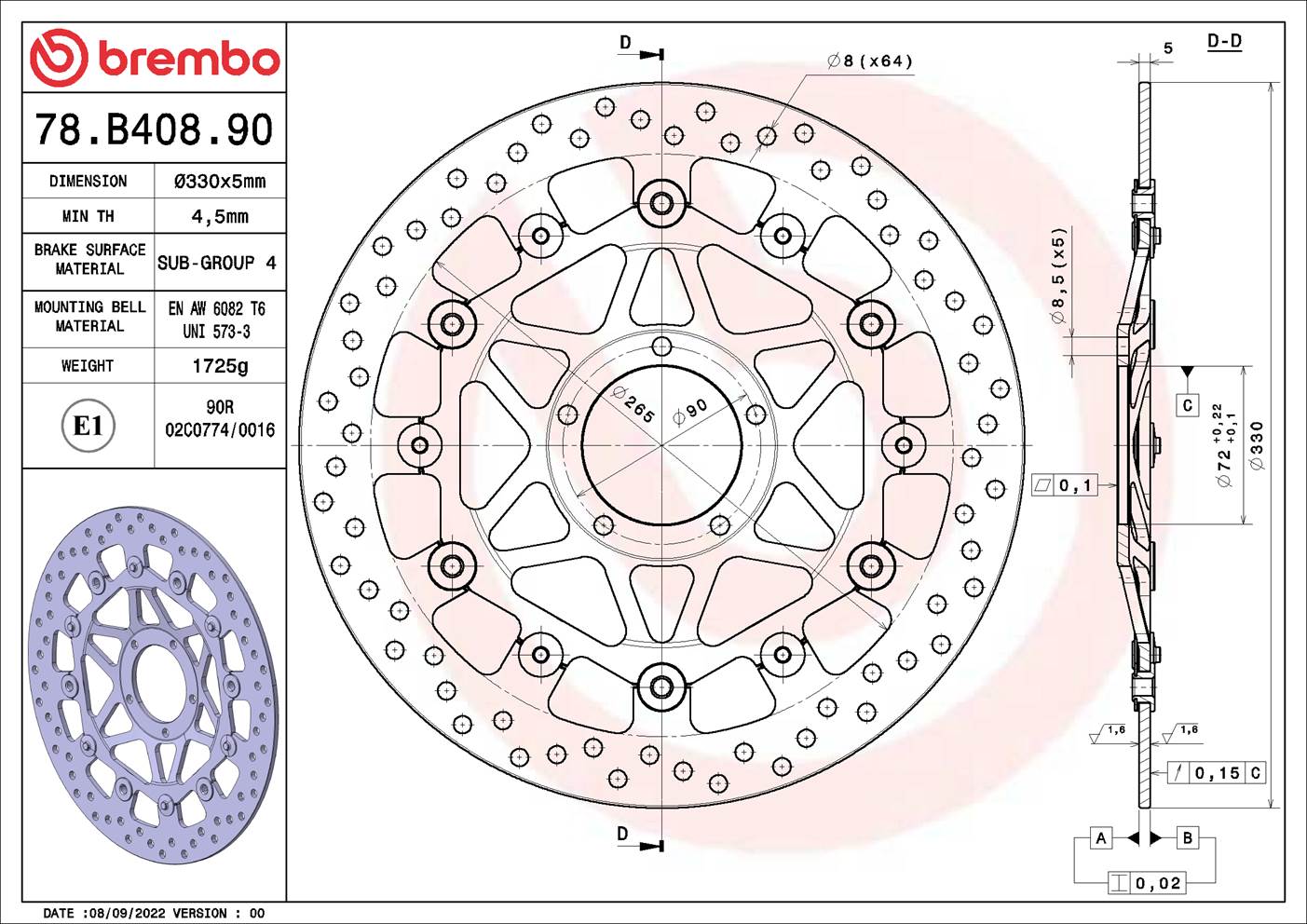 Brembo Bremsscheibe 78b40890 330mm 5mm