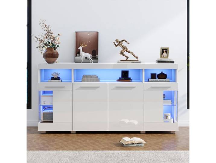 Armoire d'appoint blanc brillant 140cm Buffet Salon portes vitrées LED 3 tiroirs capacité 80kg