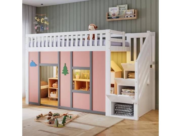 Aunvla Kinder Hochbett 90x200 cm in Weiß und Pink, Halbhochbett mit Stauraumtreppe, LED-Beleuchtung, Spielbereich, Rausfallschutz und Deko-Motiven für Kinderzimmer