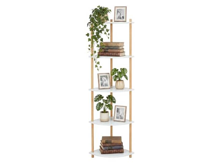 Relaxdays Étagère d'angle\, Blanche/Naturelle 143\,5 x 38 x 25 cm\, 5 niveaux\, étagère salon sur pied\, MDF\, bambou