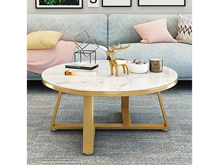 Moderner Wohnzimmer-Couchtisch, Marmor-Couchtisch, rund, moderner Wohnzimmer-Sofatisch, Marmorstruktur, Tischplatte, runder Mitteltisch mit Metallgrundrahmen und verstellbaren Fußpolstern, B