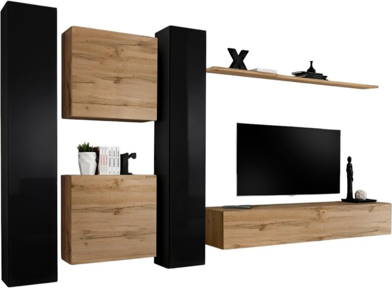 Meublorama Set zwevende woonkamermeubels SWITCH VI, Wotan eiken en hoogglans zwart