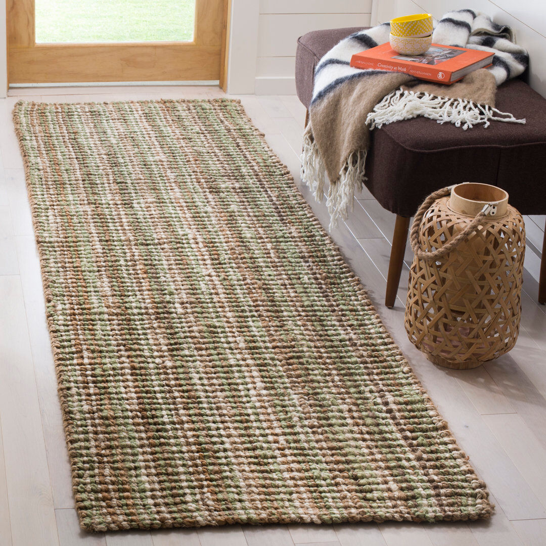 Ebern Designs Jute / Sisal Hand Woven Area Rug Green;Natural Runner 76 x 183 cm