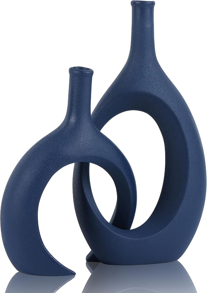 Vellaro Keramische vaas - Blauw - Set van 2 - Moderne decoratieve vazen voor woon- en eettafeldecoratie