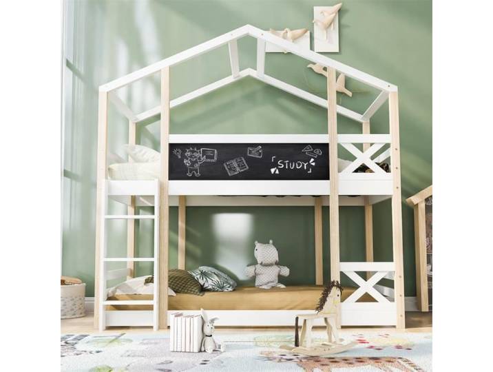 DRIPEX Lit Superposé 90x200 cm avec échelle et un tableau noir Lit cabane avec sommier à lattes et clôture de sécurité pour enfants