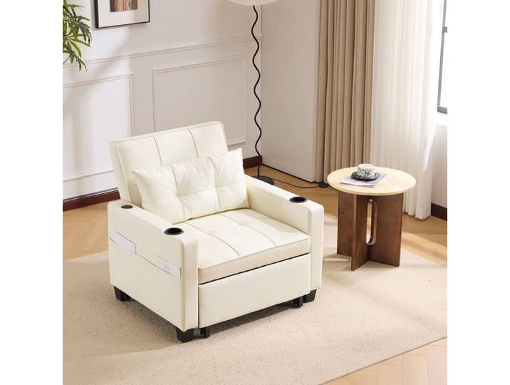 Canapé Convertible Inclinable en Similicuir Blanc - Fauteuil Extensible avec Structure en Acier et Bois - Pour Bureau & Studio