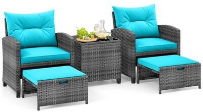 Costway 5 Piece Patio Rattan Furniture with 2 Ottomans and Tempered Glass Coffee Table-Turquoise