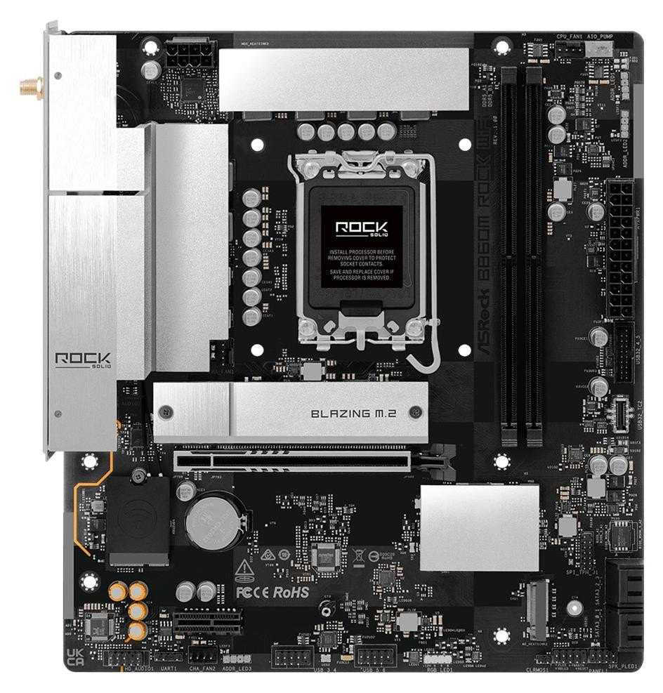 ASRock B860M Rock WiFi Moederbord - Micro ATX - LGA1851 - B860 Chipset - Wi-Fi 6E - Bluetooth - 2.5 Gigabit LAN