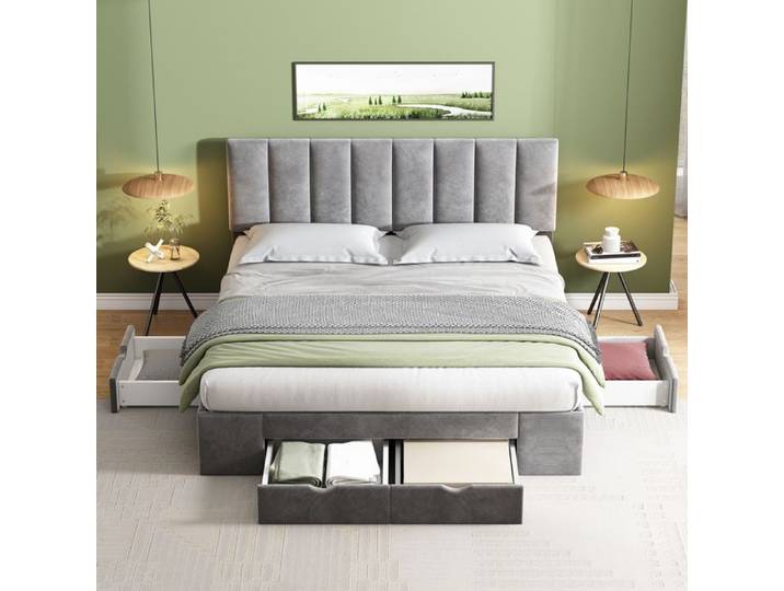 Lit capitonné 160x200 en velours gris cadre de lit double adulte avec 4 tiroirs