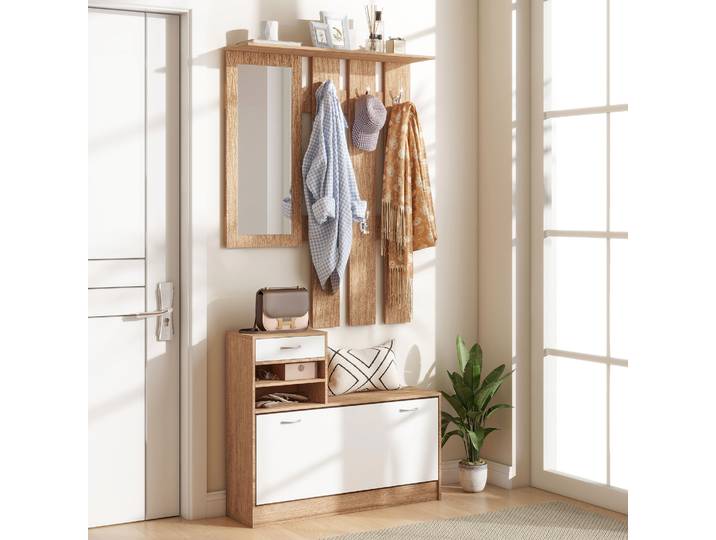 HOMCOM Meuble d'Entrée avec Banc, Miroir et Porte-Manteau