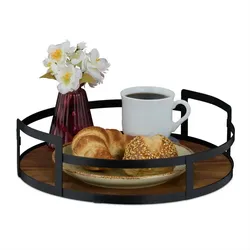 Relaxdays Rundes Tablett Holz und Metall Braun,Schwarz