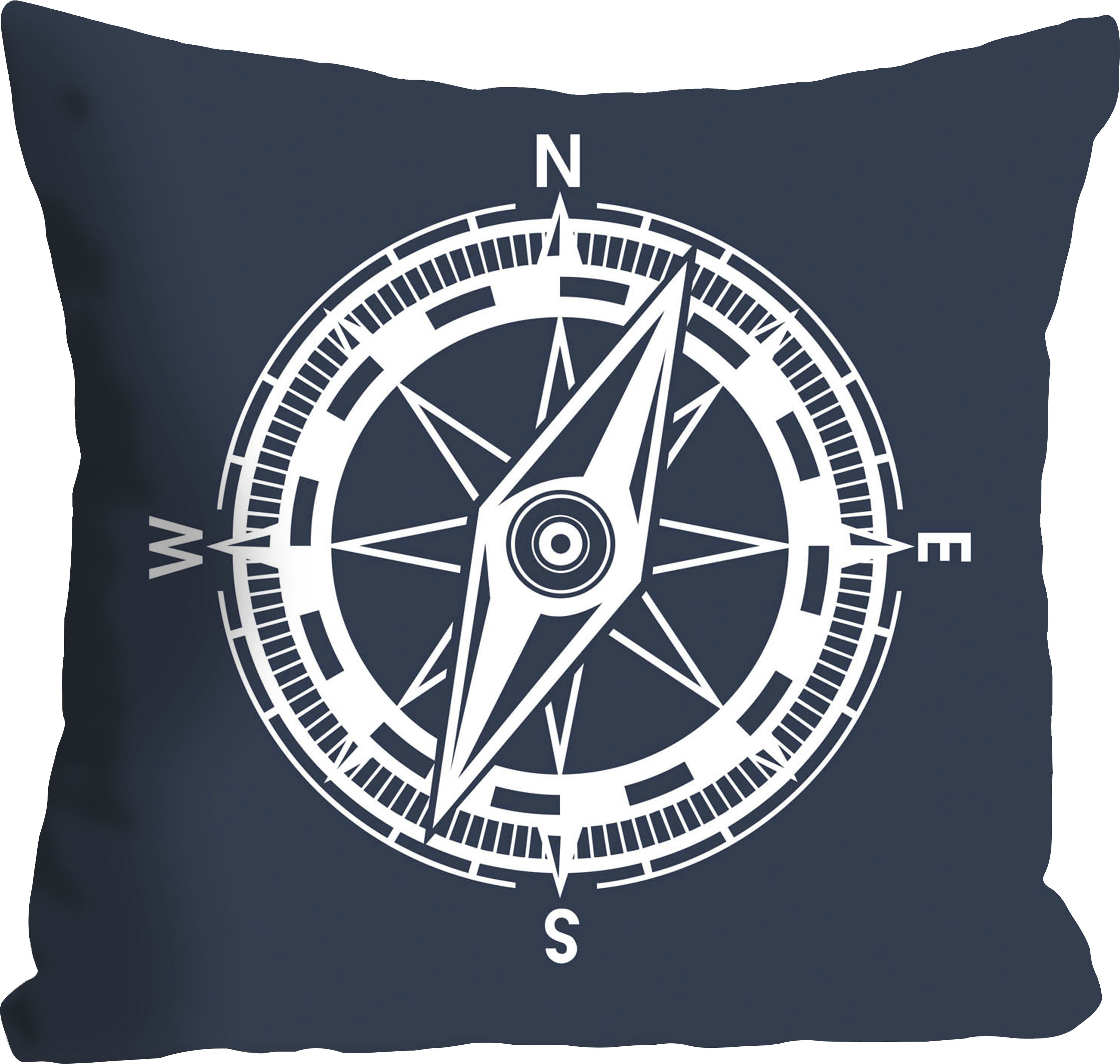 Dekokissen QUEENCE "Hannah", blau (blau, bedruckt), B:40cm L:40cm, Polyester, Dekokissen_Sitzkissen_Kissenhüllen, Dekokissen, Kissenhülle,Kompass,Nautisch,Reisen,Abenteuermotiv,Orientierung blau, bedruckt B/L: 40cm x 40cm, 1 Stk.