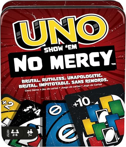 Mattel Games UNO Show 'em No Mercy kaartspel in opbergblik voor 7+ jaar