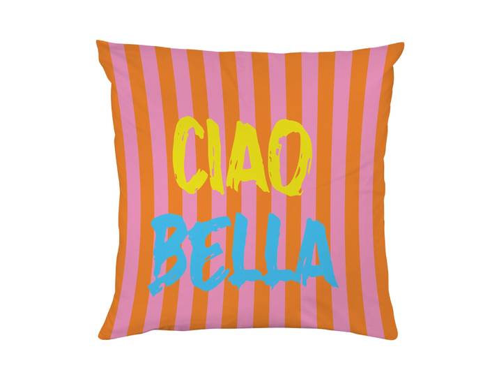 Dekokissen QUEENCE Ciao Bella gestreift , rosa (schriftzug bedruckt gestreift), B:40cm L:40cm, Polyester, Dekokissen_Sitzkissen_Kissenhüllen, Dekokissen, Beidseitig bedruckte Kissenhülle, Kissen 40x40cm, inkl. Reissverschluss