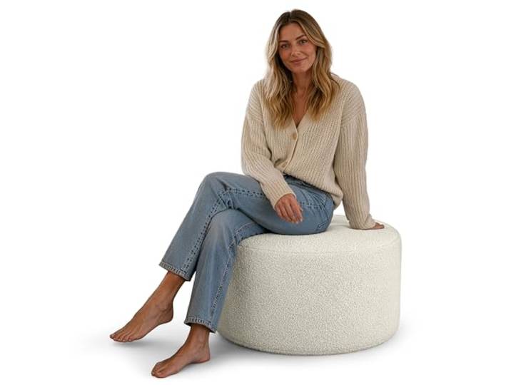 DreamRoots Bouclé Hocker Pouf, Rund Ø59x39 cm, Cremefarben Fußhocker, Sitzhocker, vielseitig als Sitzgelegenheit, Beistelltisch & Bodenkissen, Sitzpouf