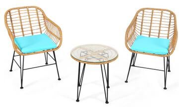 Costway 3 Pieces Rattan Furniture Set with Cushioned Chair Table-Turquoise