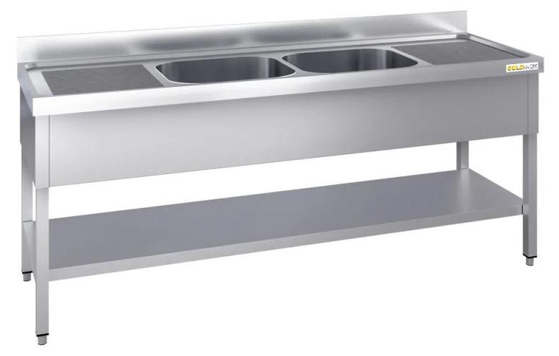 Edelstahl-Spüle, 1800 x 700 mm, mit 2 Becken in der Mitte und Abtropfbecken links und rechts, - GOLDINOX