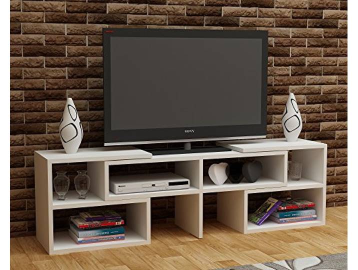 Moderner weißer TV-Ständer, 136,8 cm, 100% melaminbeschichtete Spanplatte, 18 mm stark, Wandmontage, mehrere Ablagen Stilvoll & funktional