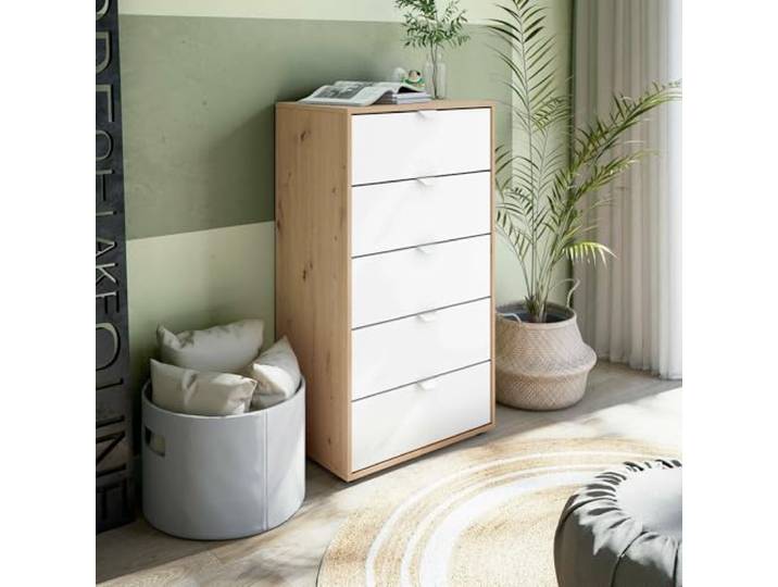 Dmora - Kommode Crosby, Mehrzweckkommode, Schlafzimmerkommode, Schrank mit Schubladen, 60x40 h109 cm, Weiß und Knoteneiche