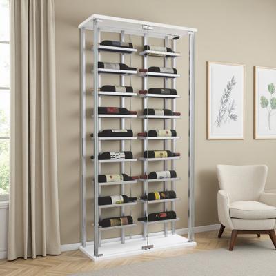 ZWYO HOSIMU "64"" x 31.5"" Chrome & Tempered Glass Wine Cabinet with LED Strip Lights, 18-Bottle Display Rack, Dual Access Doors"