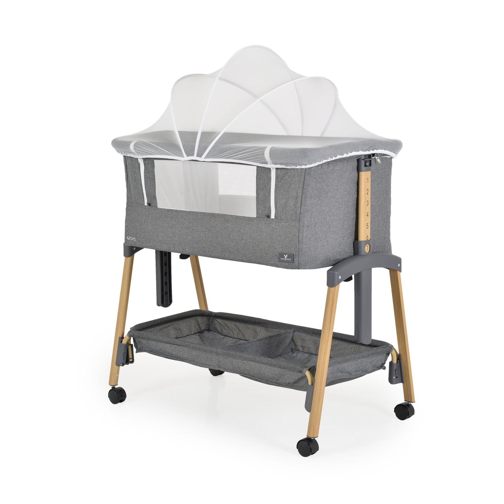 Cangaroo Babybett, Beistellbett Adoro, verstellbar, Matratze, Moskitonetz, Räder grau