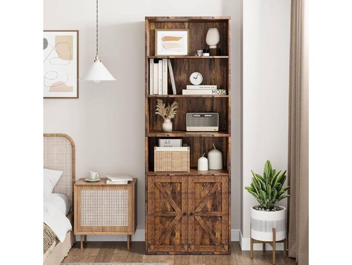 Bibliothèque Fermée 6 Étagères - Style Campagnard Modernisé-Marron-182H x 30P cm - Rangement Salon/Chambre/Bureau