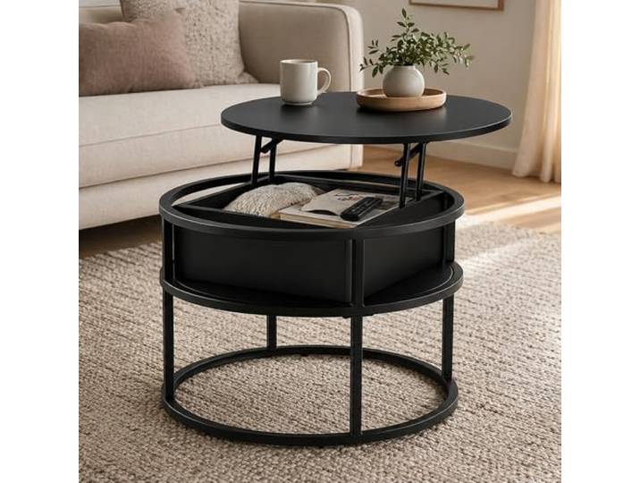 Home Collective Couchtisch Beistelltisch Ø 60 cm höhenverstellbar mit Stauraum Wohnzimmertisch modern Wohnzimmer Möbel Couch Tisch Sofa stabiles Metallgestell mit integriertem Fach Schwarz